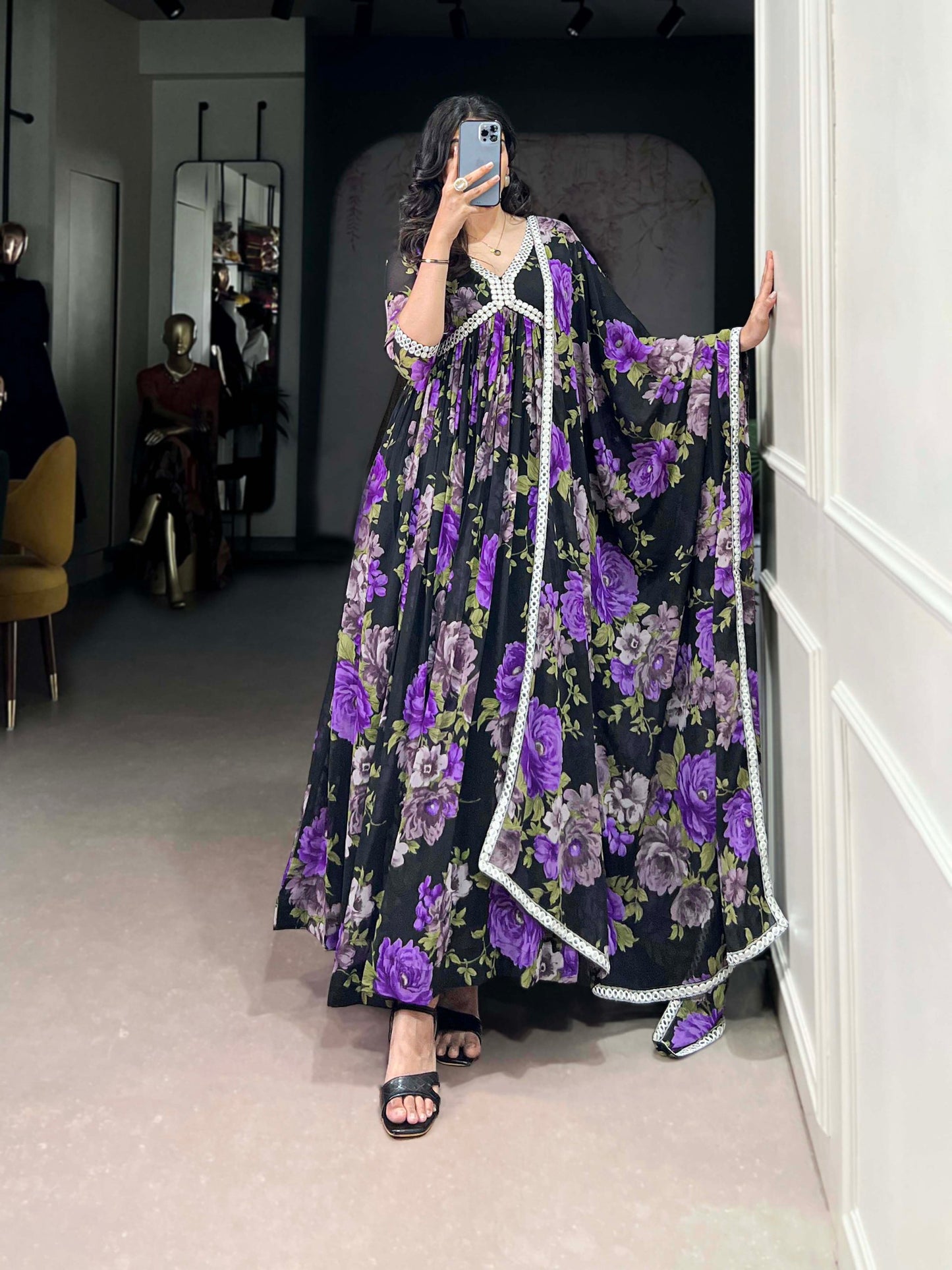 Floral Print Georgette Gown with Dupatta