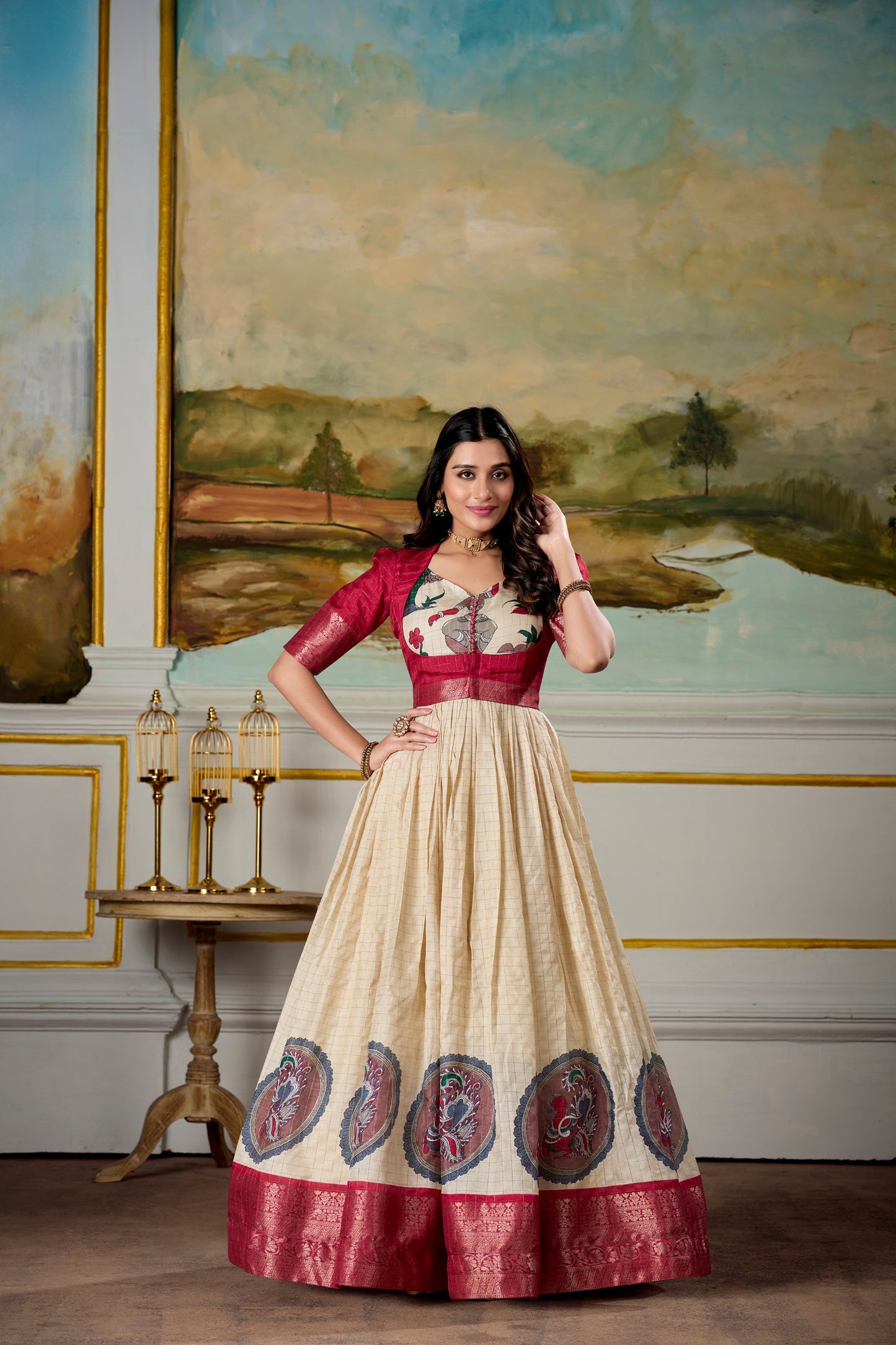 Elegant Dola Silk Kalamkari Print Gown with Zari Weaving Koti