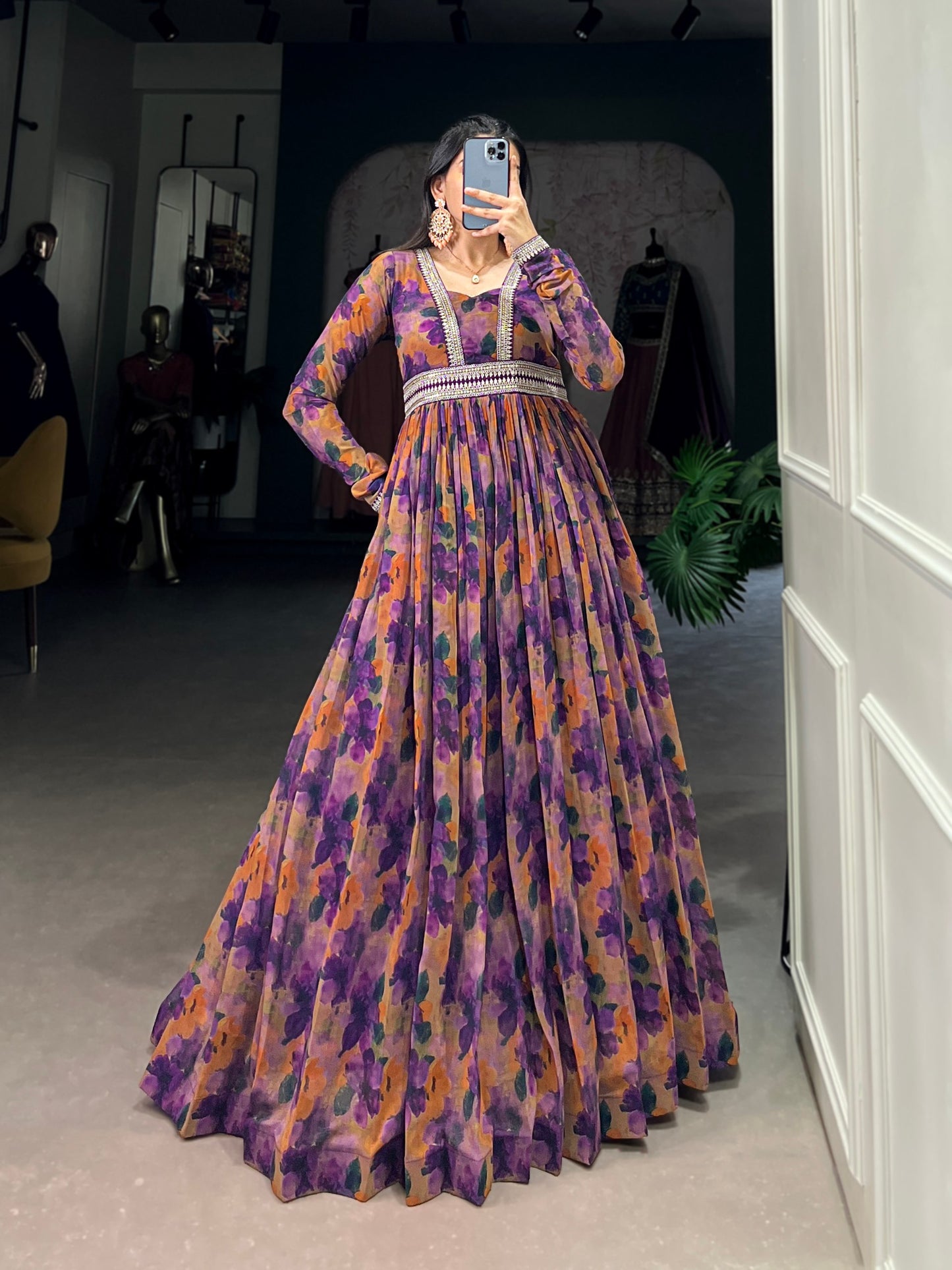 Elegant Georgette Floral Anarkali Gown with Dupatta