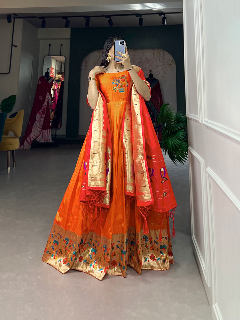Jacquard Silk Paithani Gown with Zari Weaving Dupatta