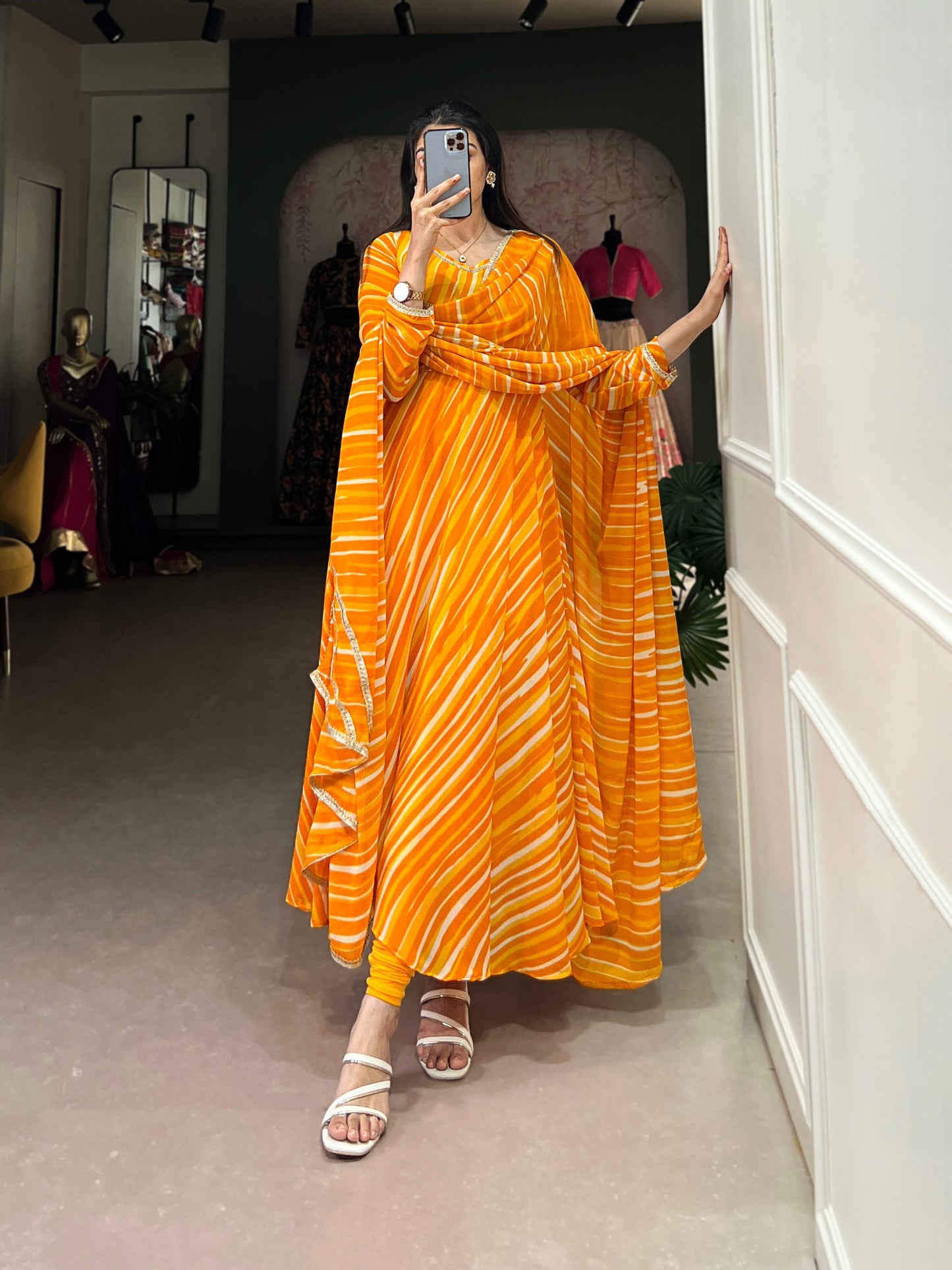 Festive Leheriya Georgette Ready-to-Wear Gown with Dupatta
