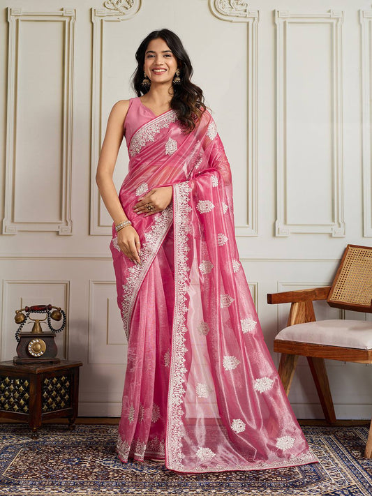 Sisara Party Wear Twill Net Saree with Sequins Embroidery & Solid Blouse