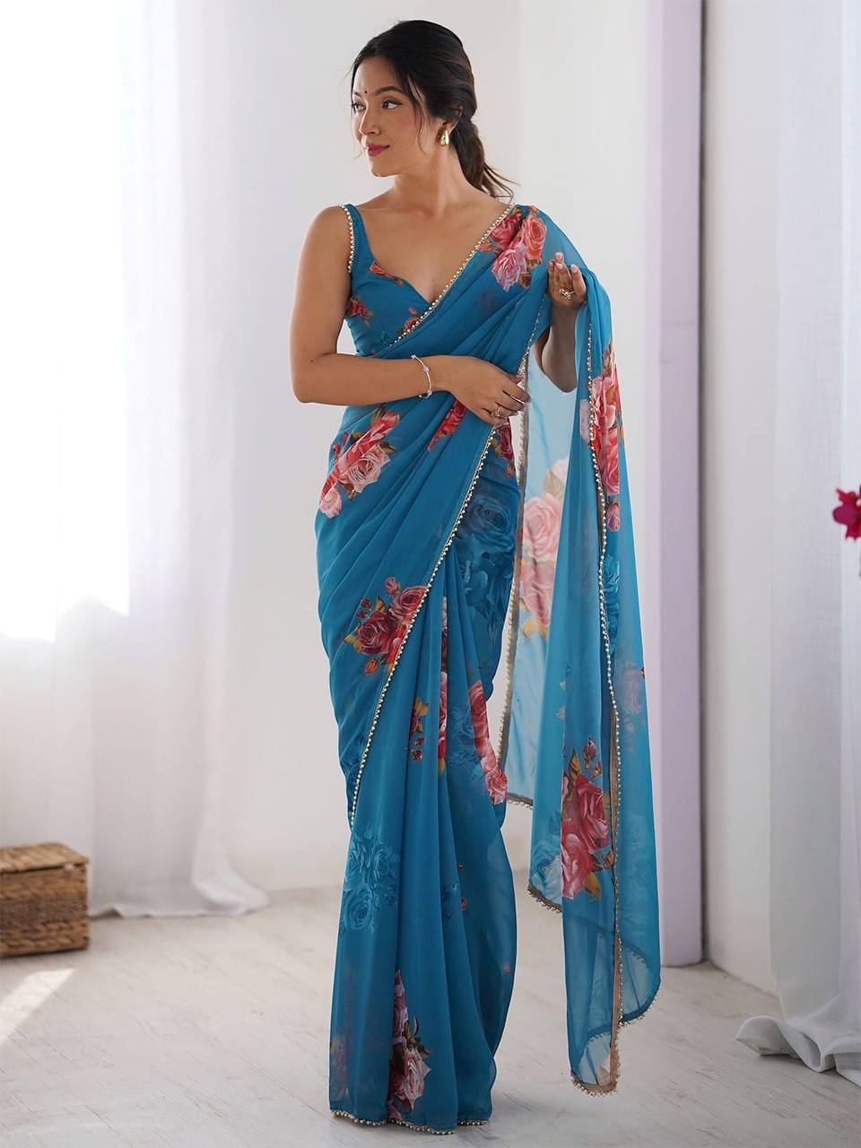Printed Georgette Silk Saree with Moti Lace Border