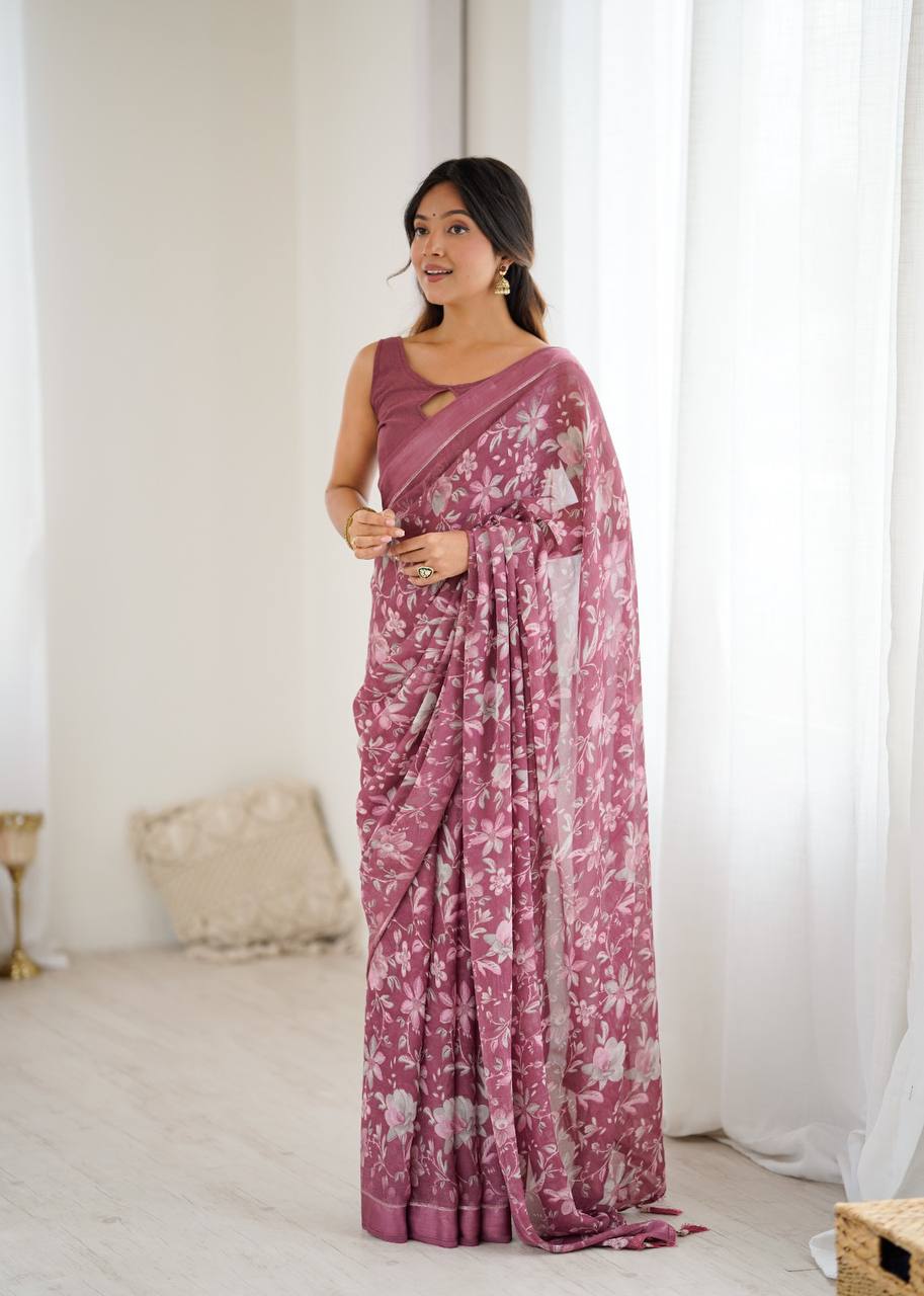 Bright Moss Satin Patta Printed Saree
