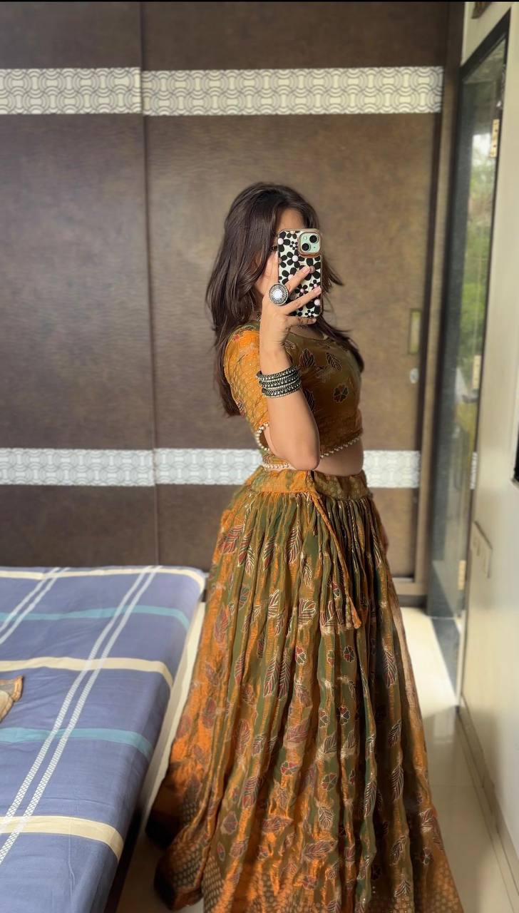 Premium Gold Two Tone Silk Designer Lehenga Choli with Organza Dupatta