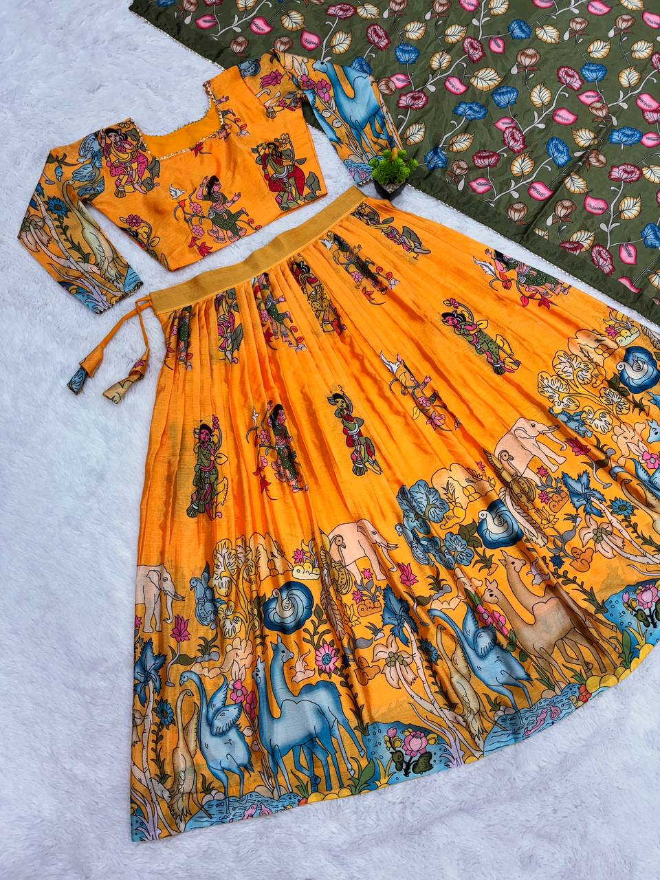 Chinon Kalamkari Print Designer Lehenga Choli with Lace Border Dupatta