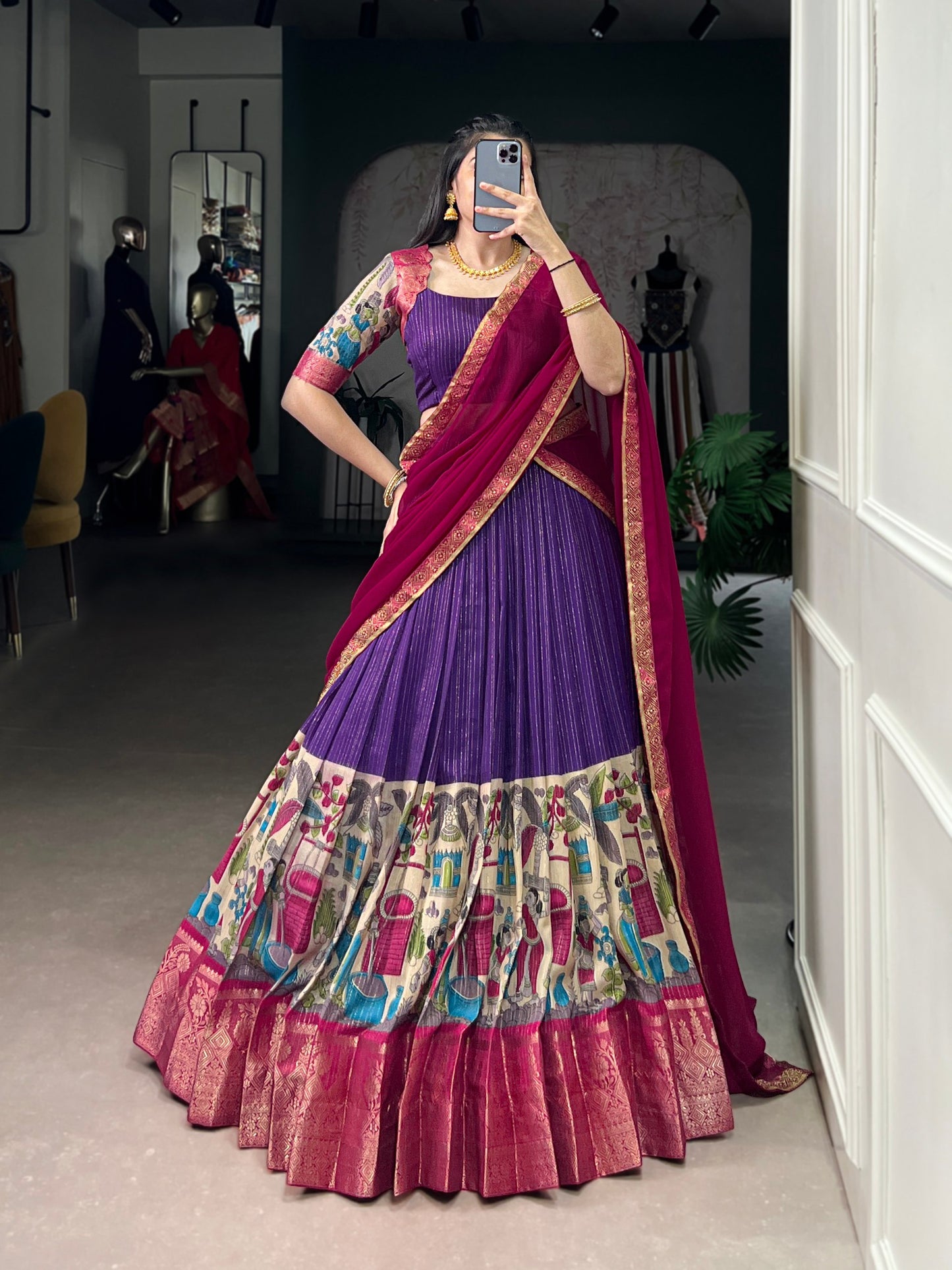 NITRIYA Poly Chanderi Kalamkari Print Lehenga Choli with Zari Stripe & Georgette Dupatta