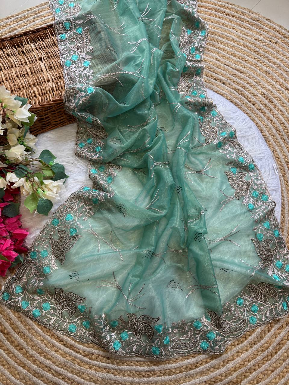 Pure Tissue Silk in solid color Saree With Embroidery viscose thread work with zarkhan