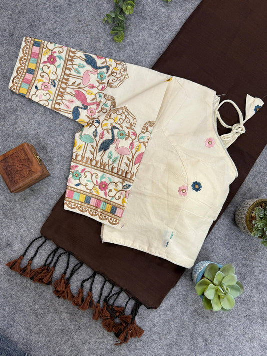 Handloom Khadi COTTON Saree With Peacock Design Blouse