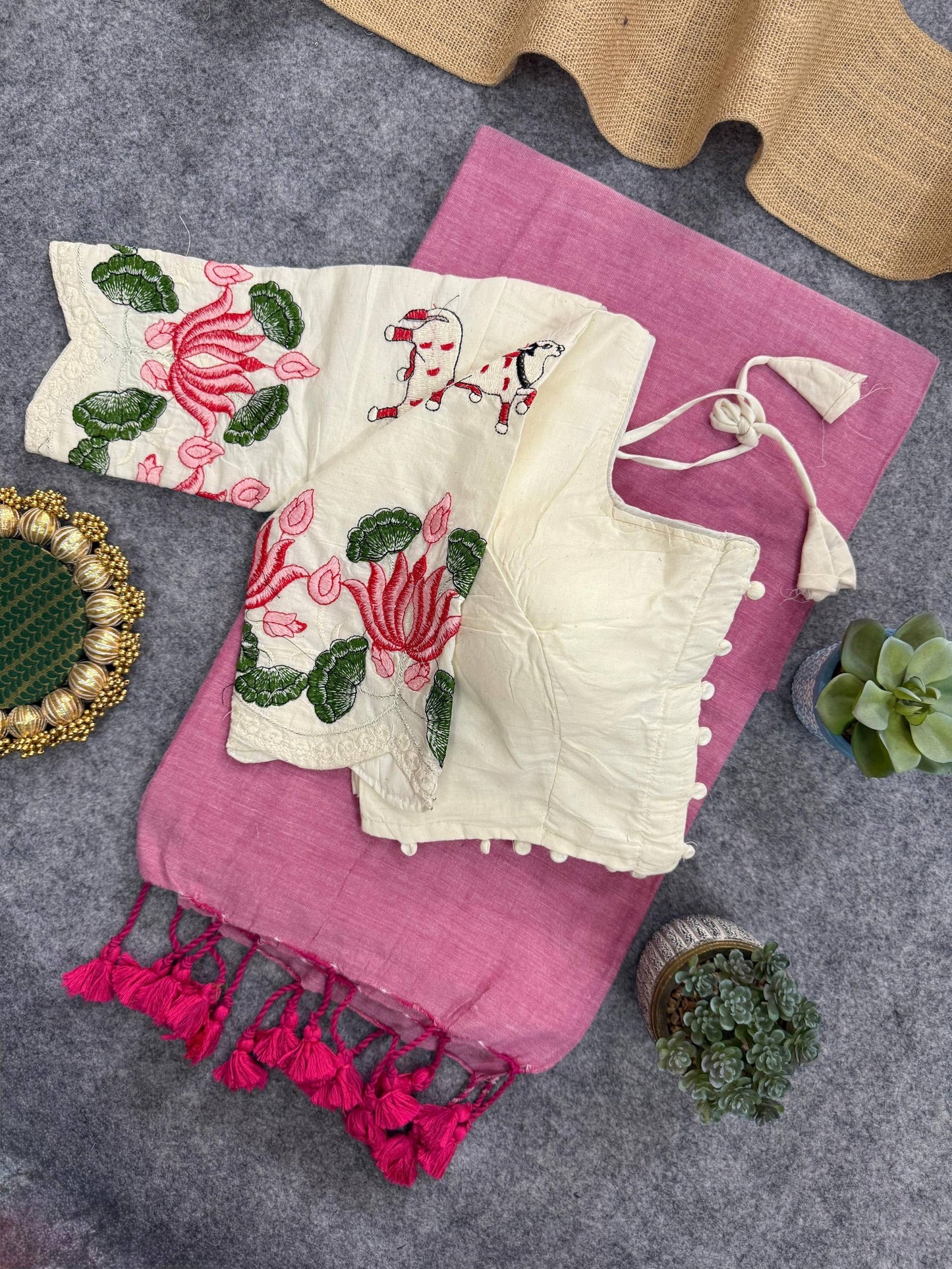 Khadi Cotton Heavy Embroidery with Aura Cotton With Designer Embroidery Blouse