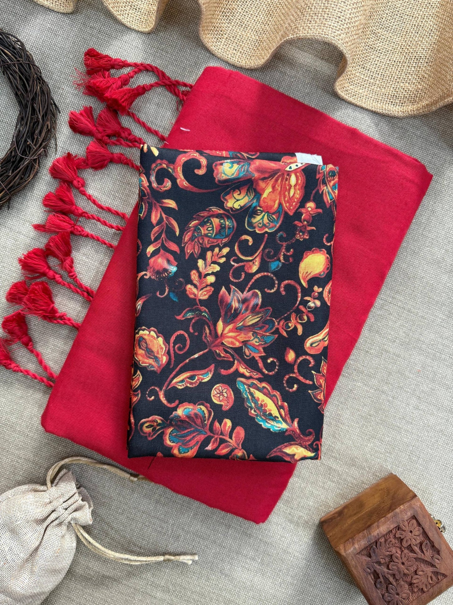 Khadi Cotton Saree With Tassels And Printed Blouse