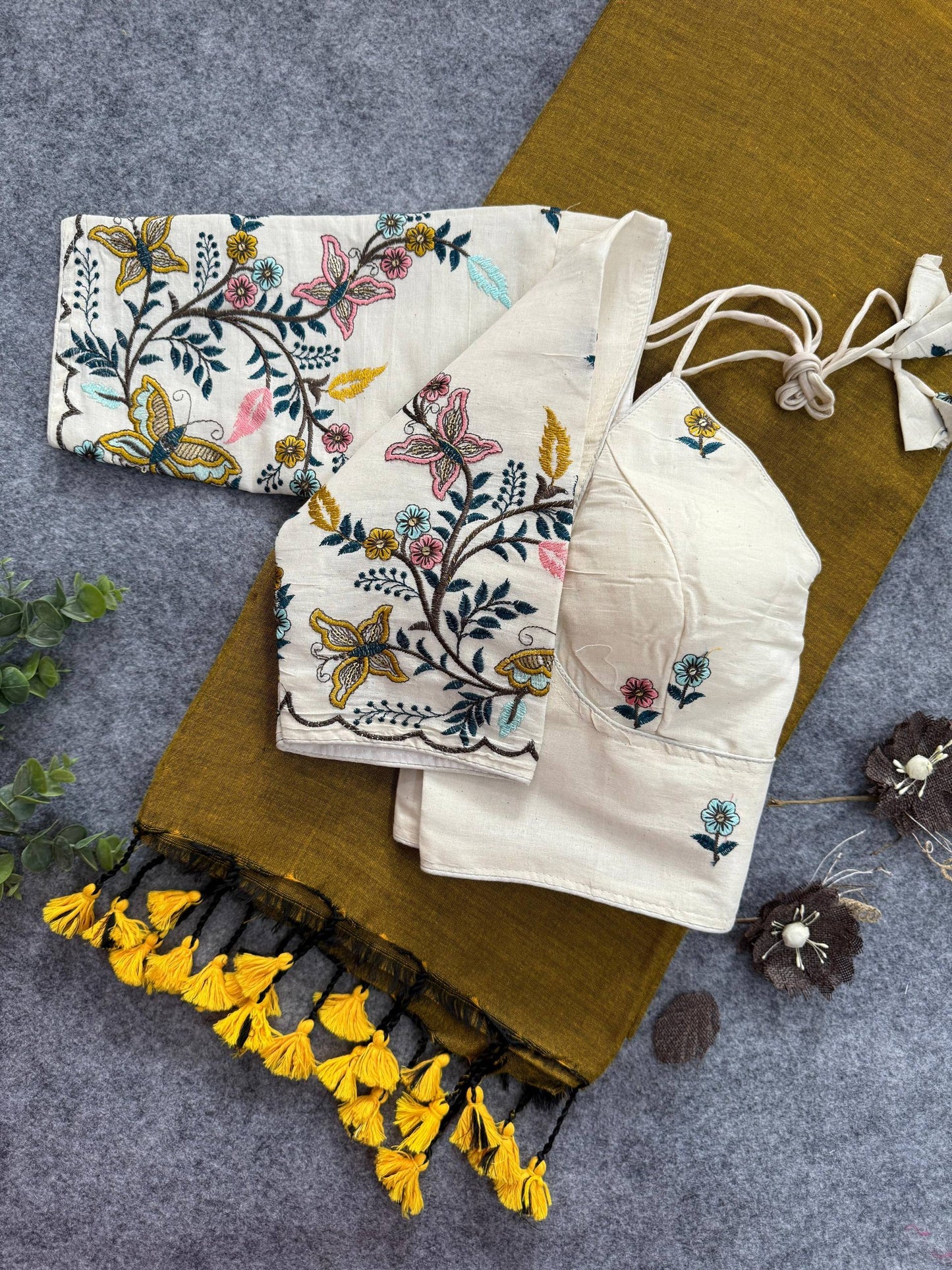 Khadi Cotton With Heavy Embroidery with Aura Cotton Blouse