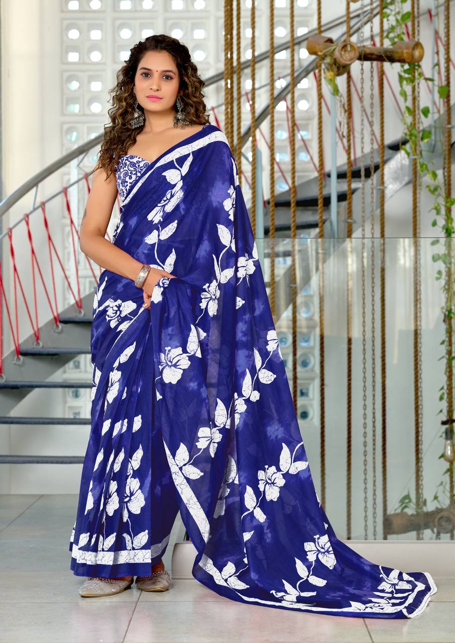 Floral Hand Print Mulmul Cotton Sarees