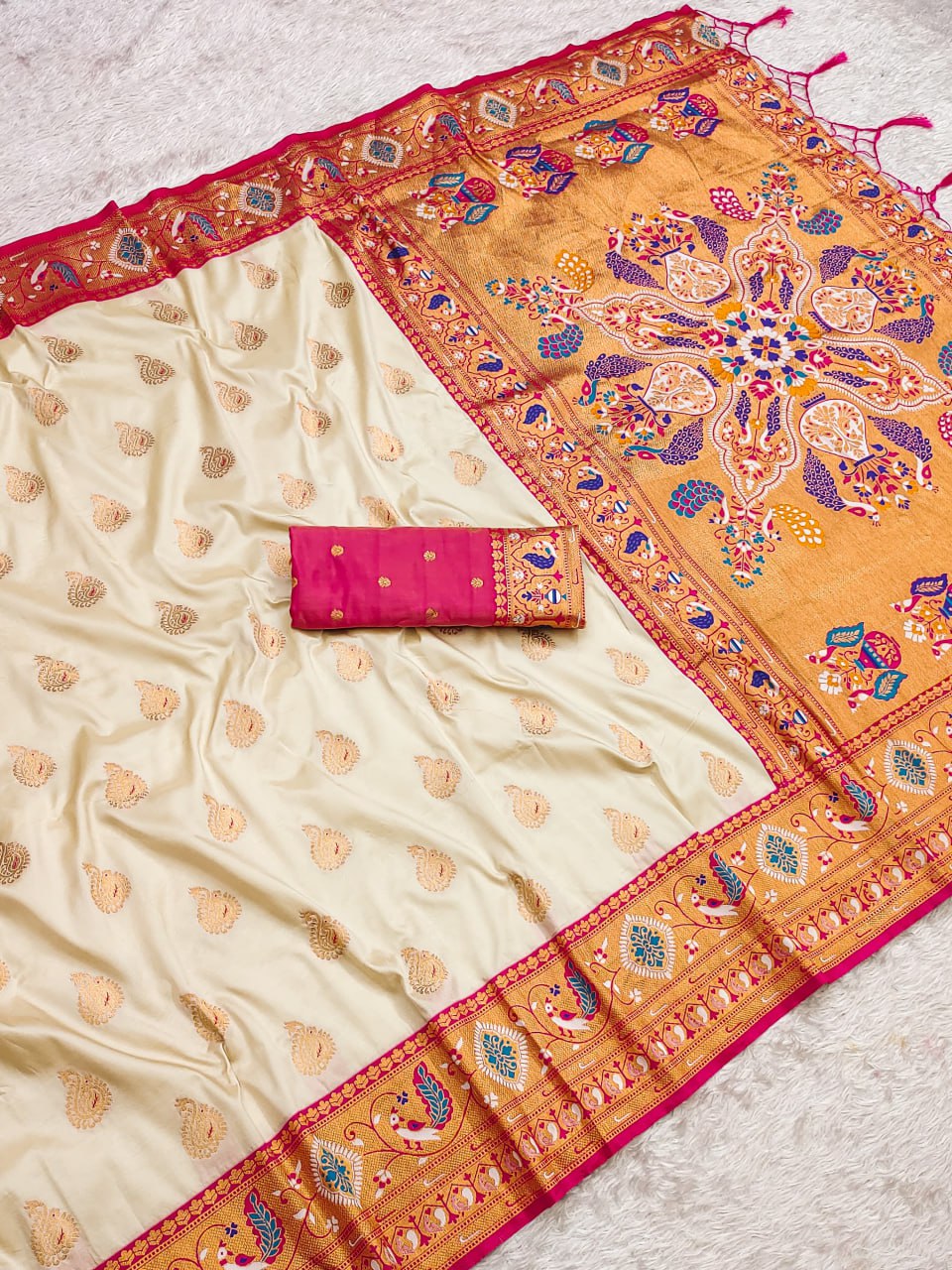 Exquisite Gold Zari Weaving Paithani Silk
