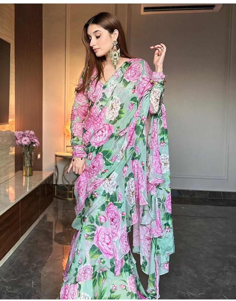 Chinon Silk Lehenga Saree Ready To Wear