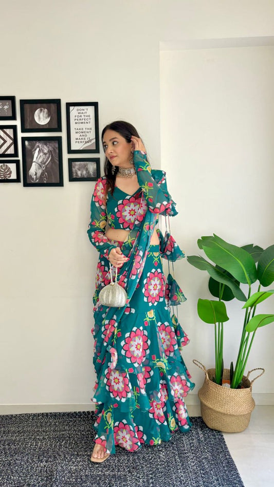 Georgette with Digital Print Ready To Wear Lehenga Saree