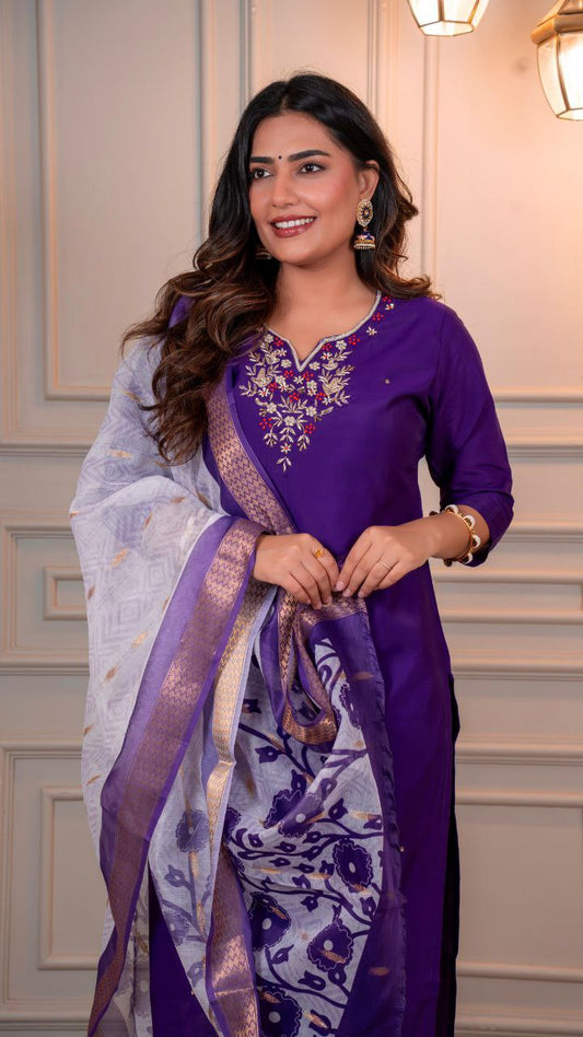 Premium Roman Silk New Designer Kurti Pant Dupatta Set