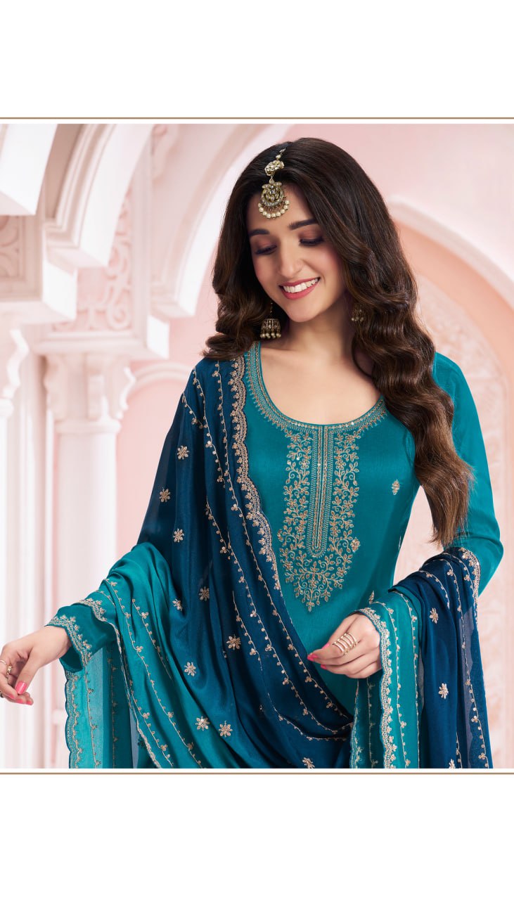 Vichitra with Zari and Thread Embroidery Work Suit