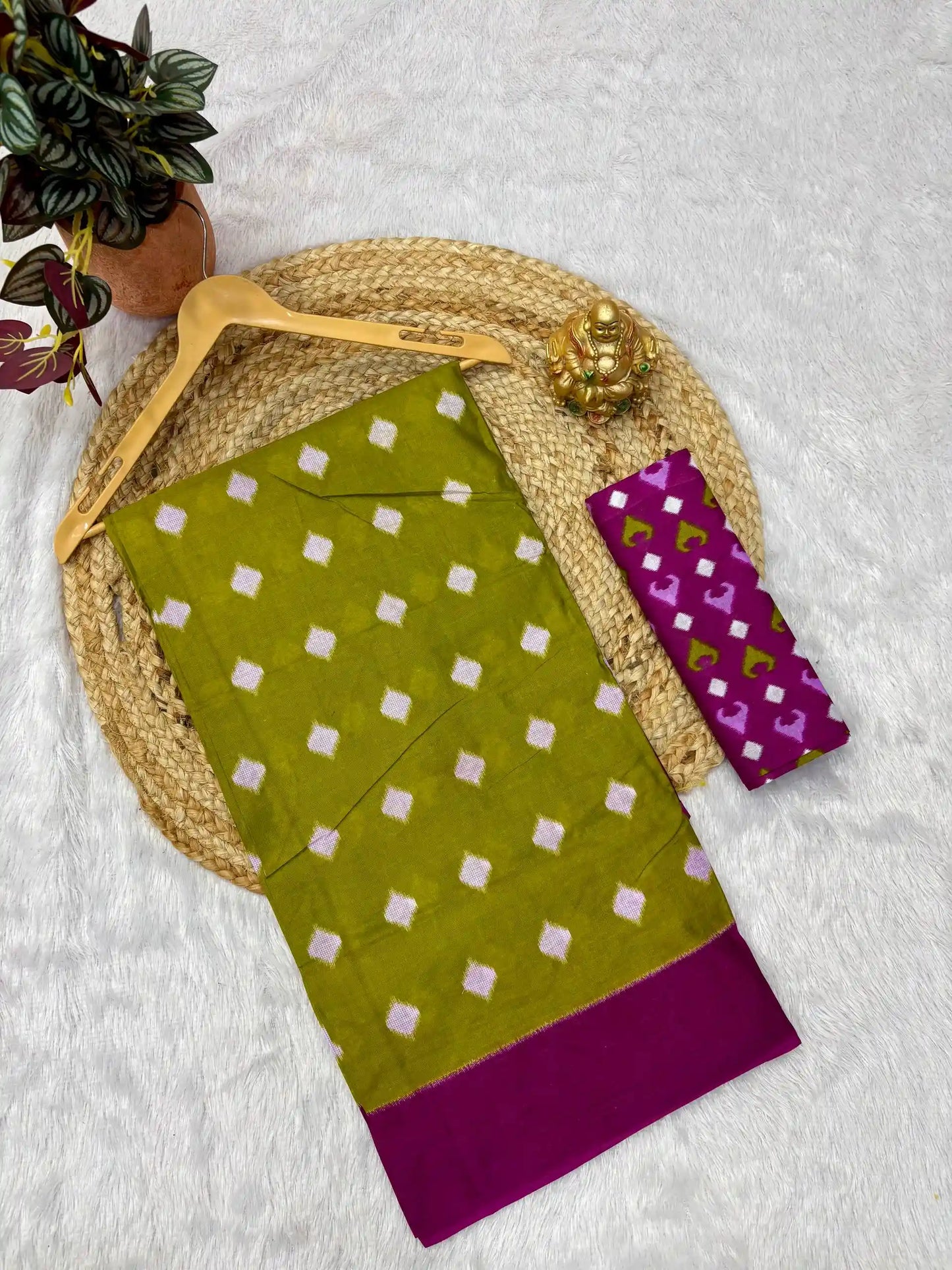 Traditional Hand Block Mulmul Cotton Saree | Ikkat Print Pure Cotton Saree – AANGAN