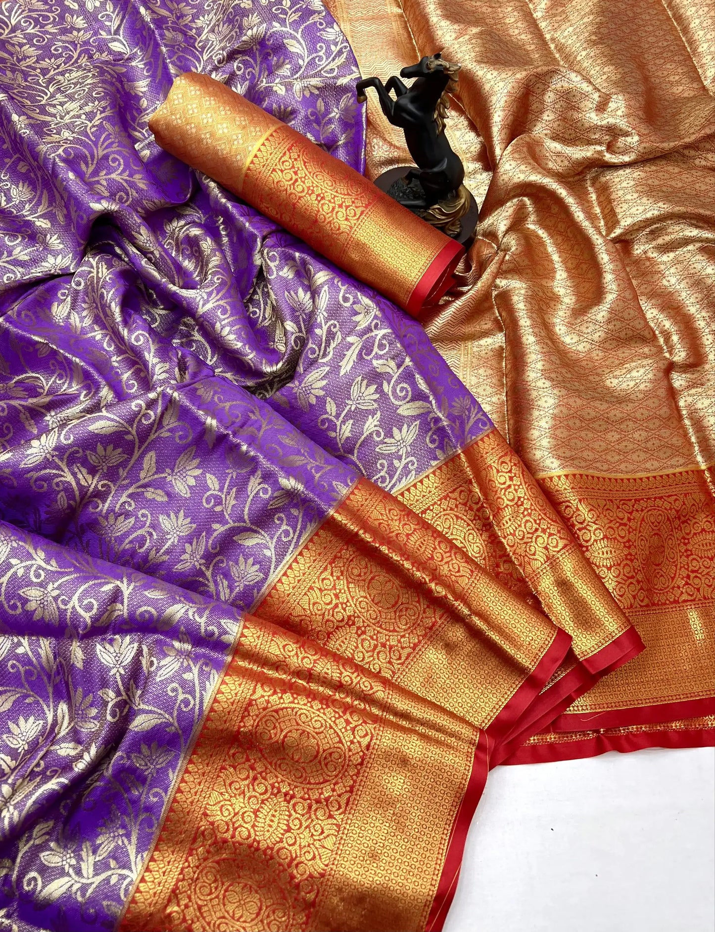 Lavender & Red Kanjivaram Semi Silk Bridal Saree