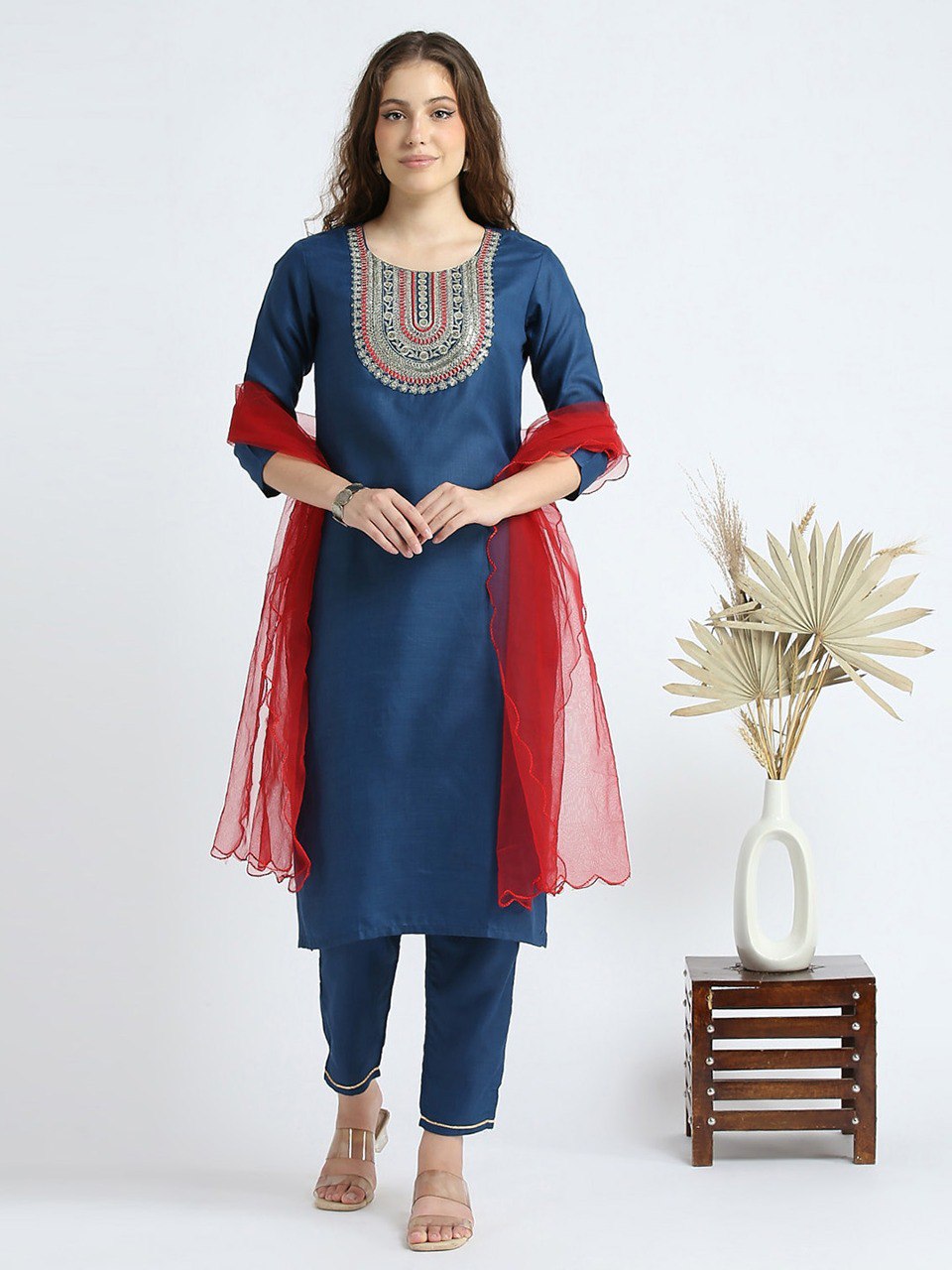 Slub Cotton Fully Stitched Ethnic Set with Dupatta