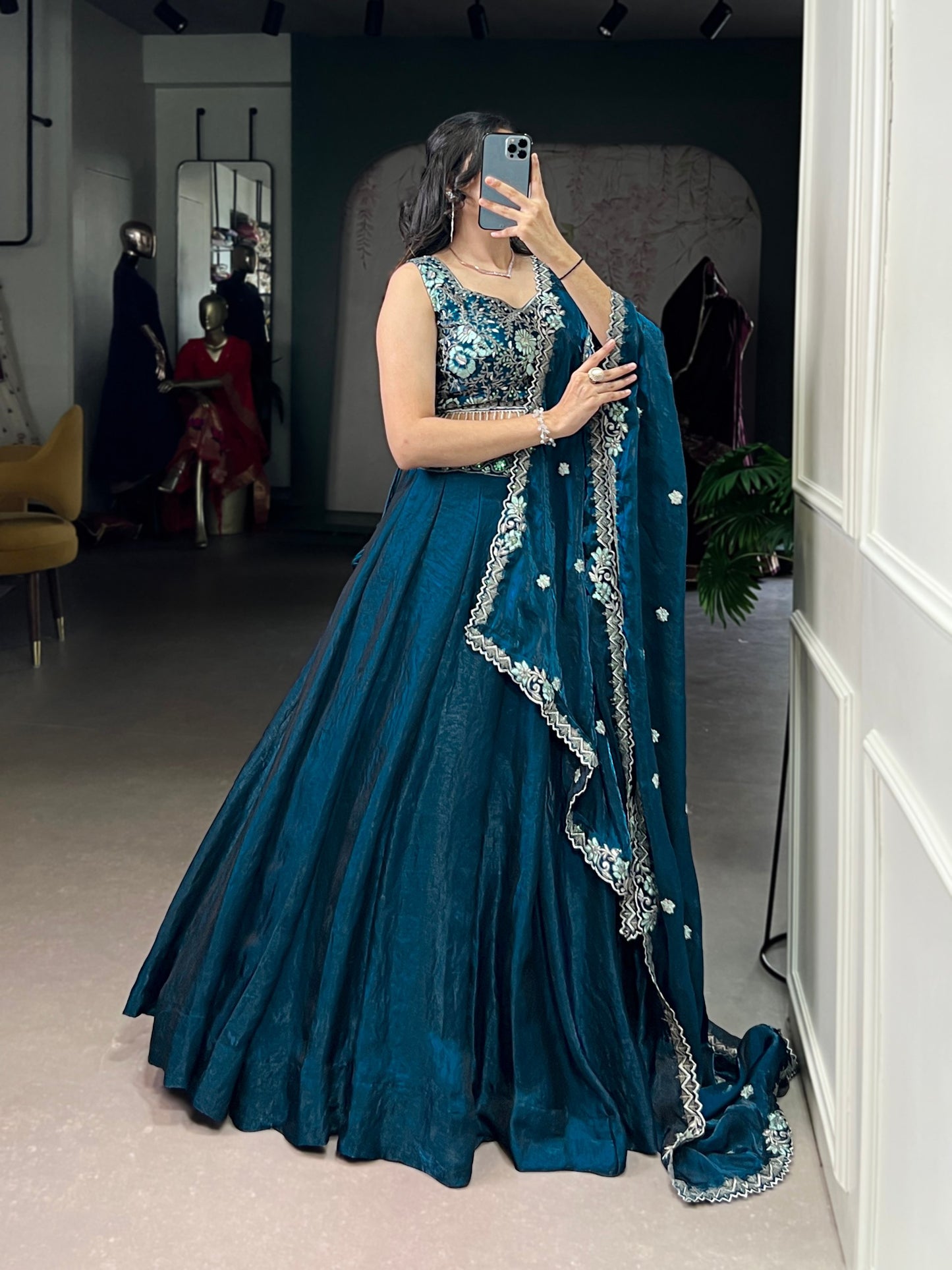 Premium Fendi equins and thread embroidery with embellished belt Lehenga
