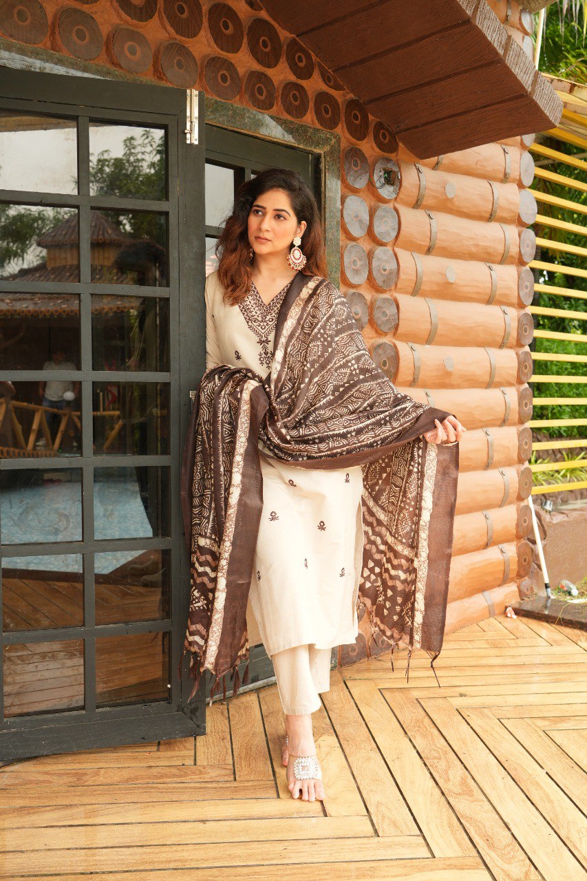 Khadi Cotton Fully Stitched Ethnic Set with Dupatta