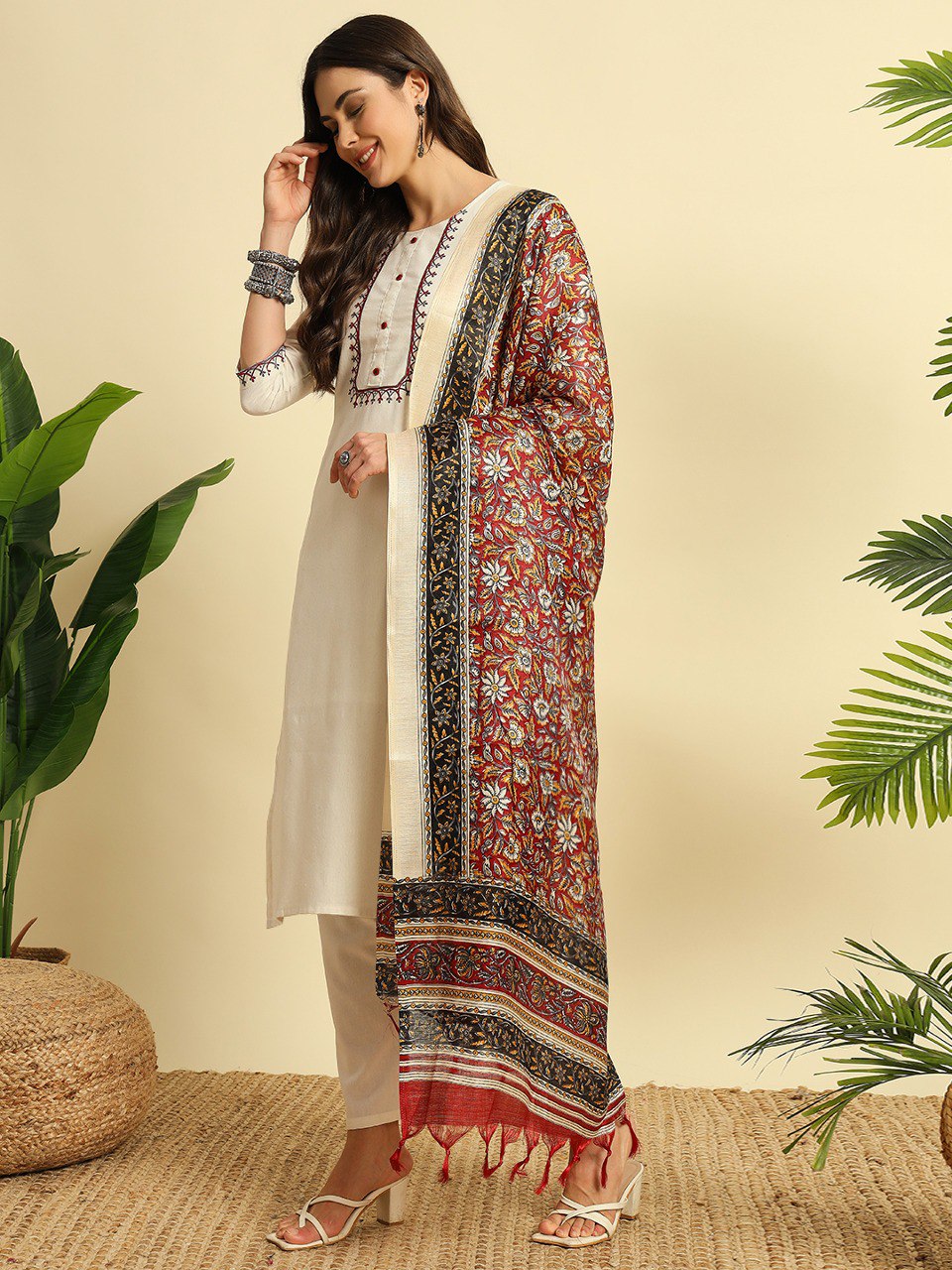 Khadi Cotton Fully Stitched Ethnic Set with Dupatta