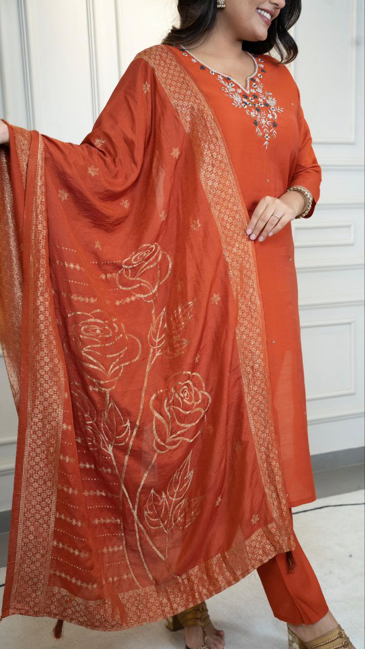Premium Roman Silk New Designer Kurti Pant Dupatta Set