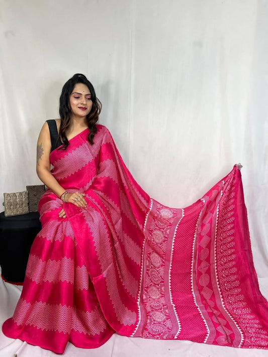 Digital Print Border with Ajrakh Rich Pall Semi Gajji Silk Soft and Smooth Saree