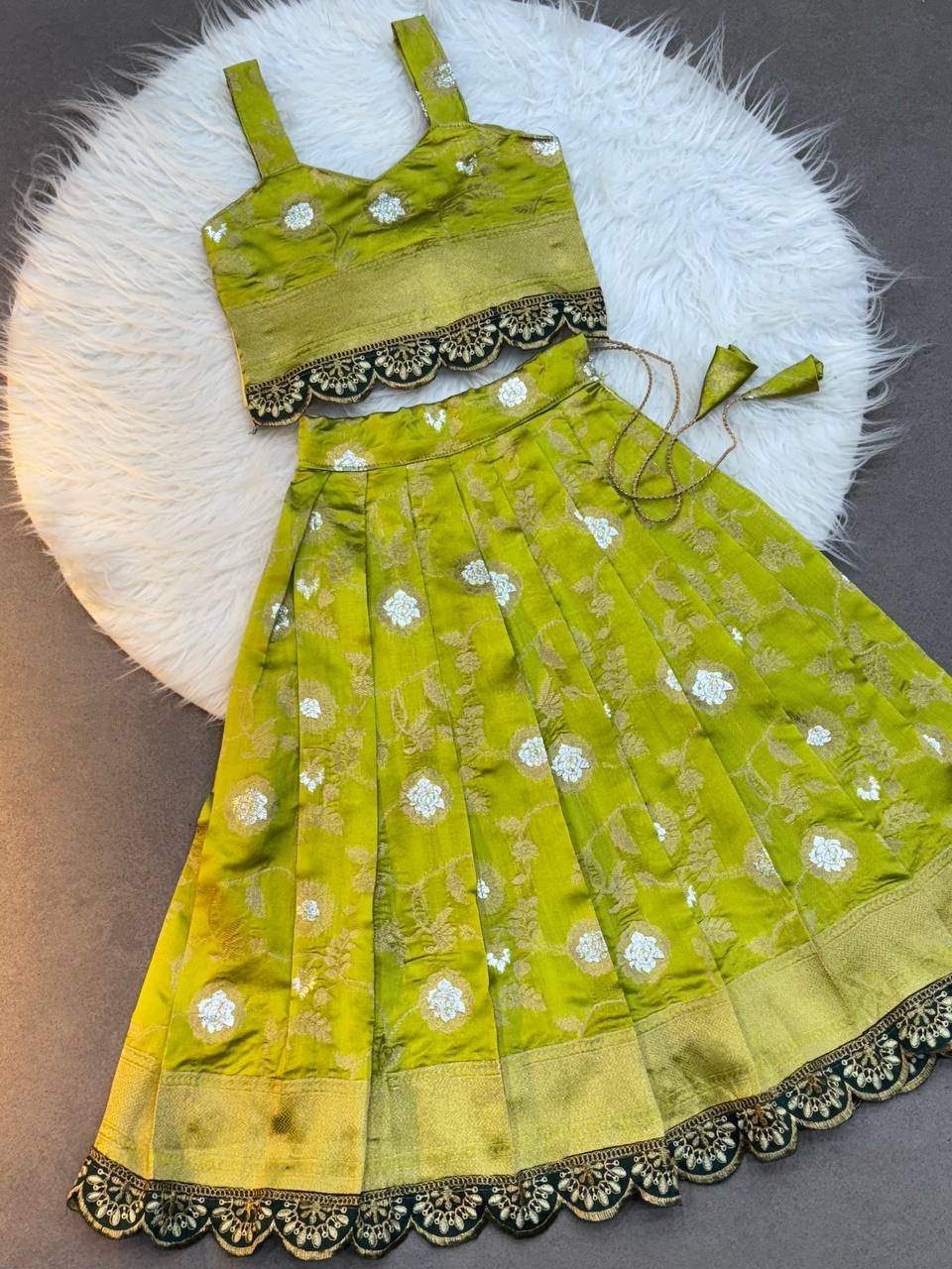 Kids Silk Lehenga Choli with Jacquard Weaving & Embroidery Lace