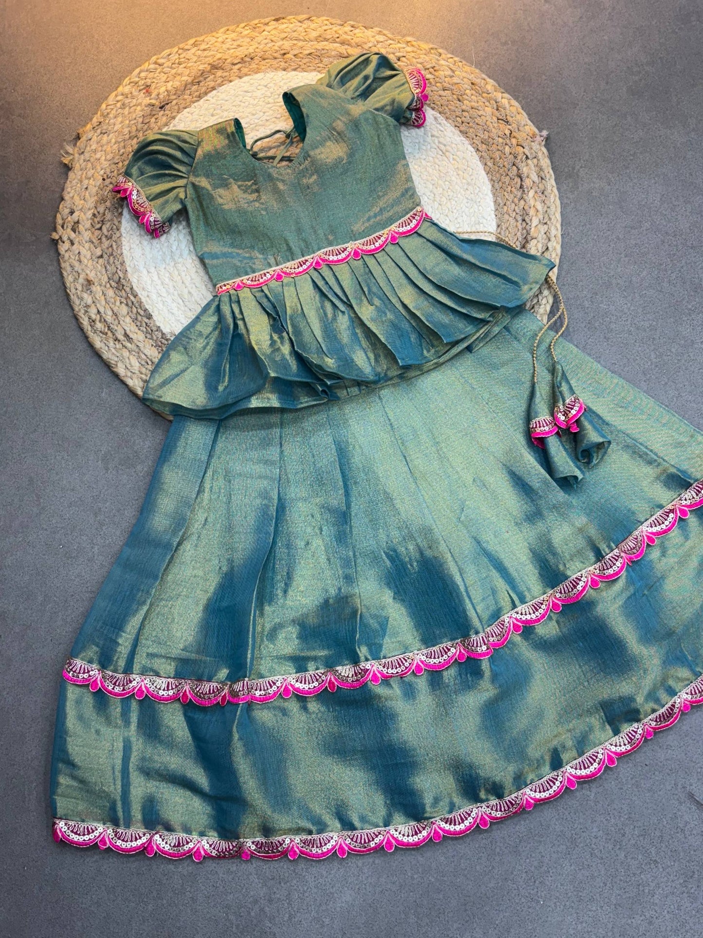 Ice Blue Dual ton Kids Silk Lehenga Choli with Jacquard Weaving & Embroidery Lace
