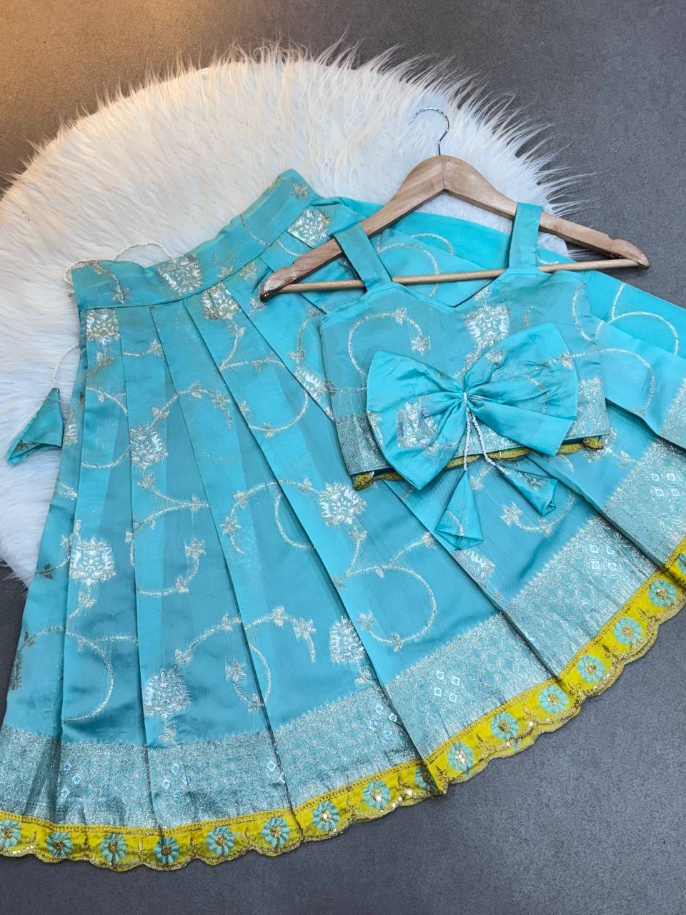 Soft Silk With Pure Zari Waving Fabric Kids Silk Lehenga Choli with Jacquard Weaving & Embroidery Lace