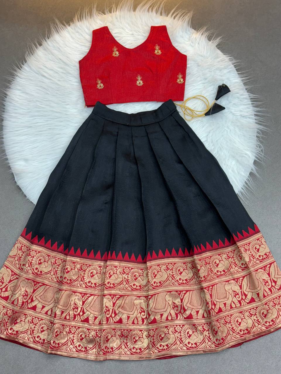 Kids Silk Lehenga Choli with Jacquard Weaving & Embroidery Lace