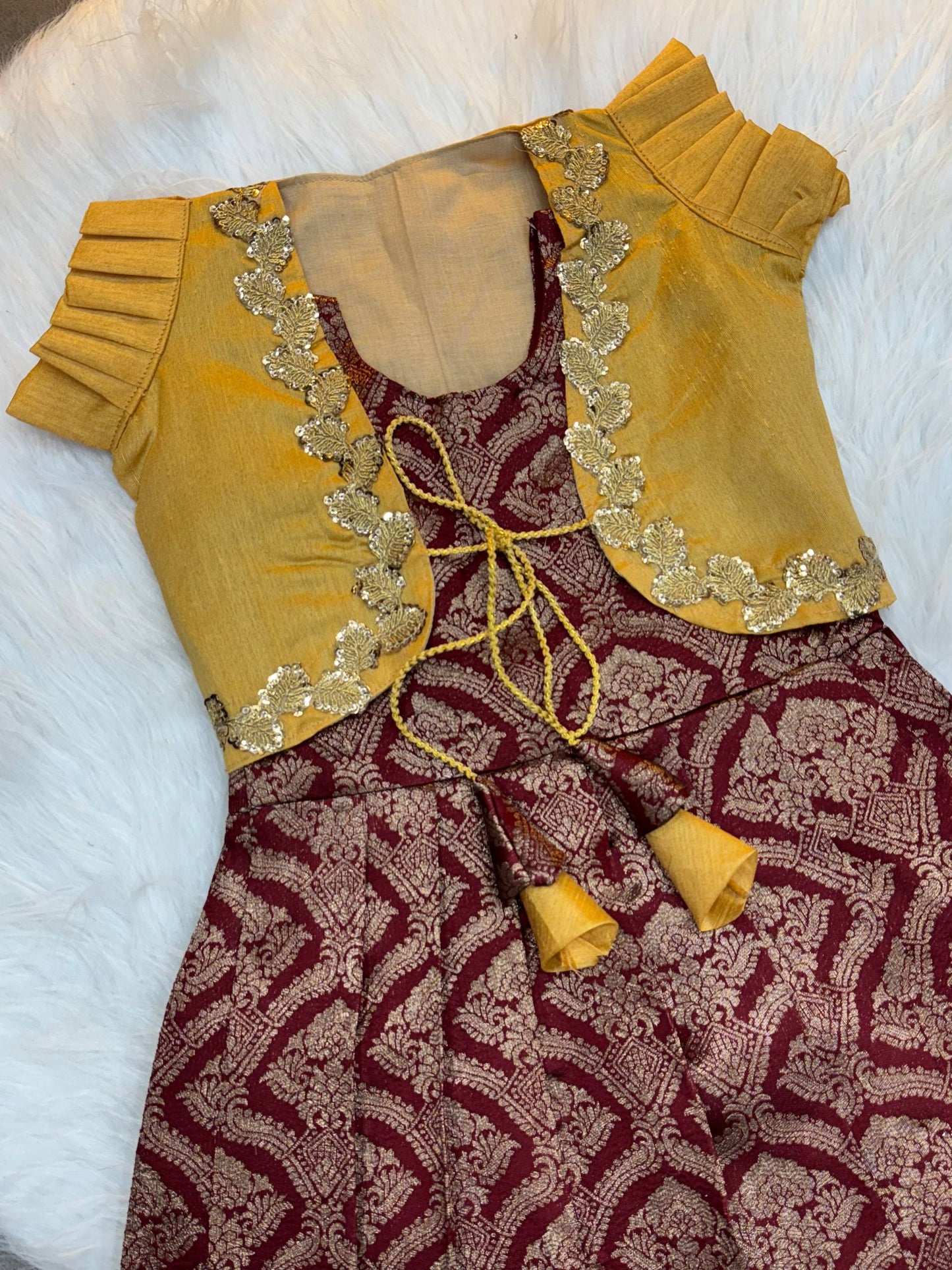 Maroon Color Kids Koti Gown with Jacquard Weaving & Embroidered Koti