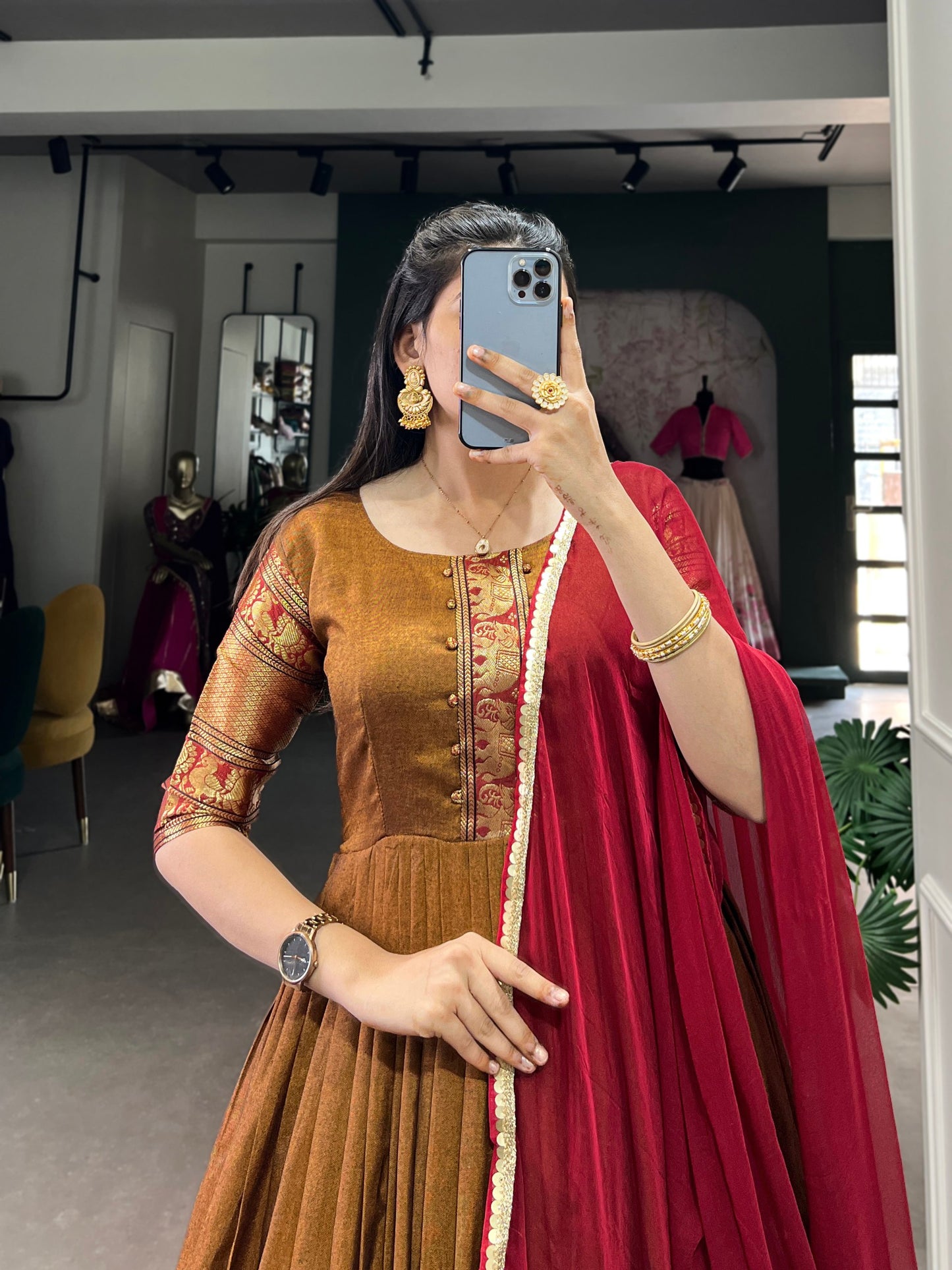 Traditional Narayanpet Cotton Gown with Chiffon Dupatta