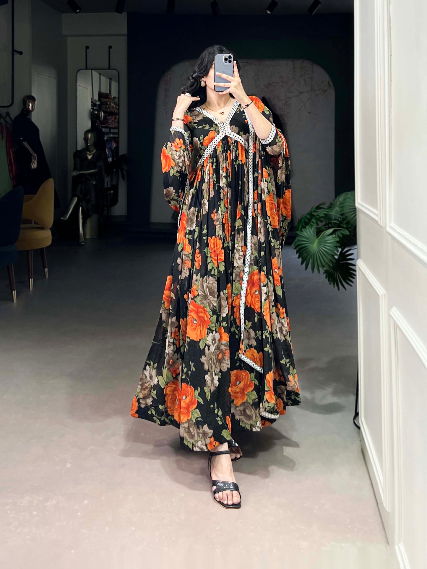 Floral Print Georgette Gown with Dupatta