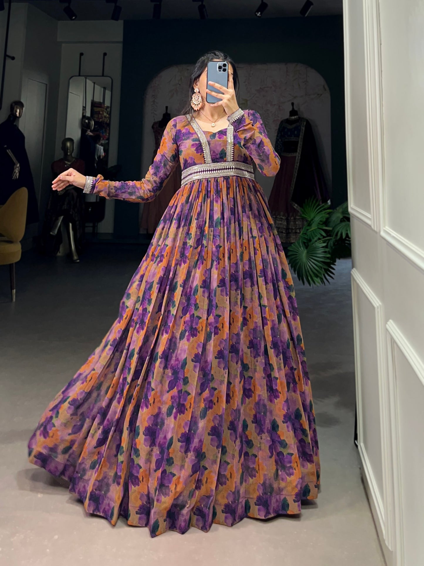 Elegant Georgette Floral Anarkali Gown with Dupatta