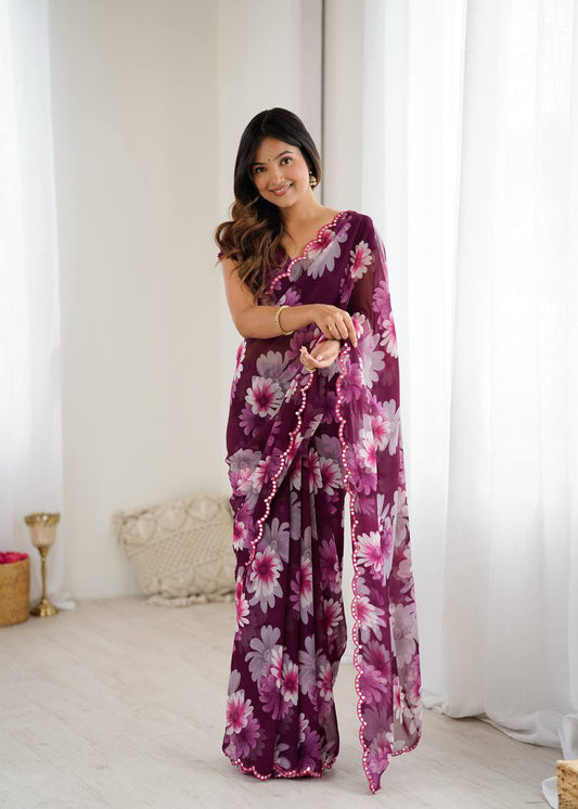 Printed Georgette Silk Saree with Mirror Work Border
