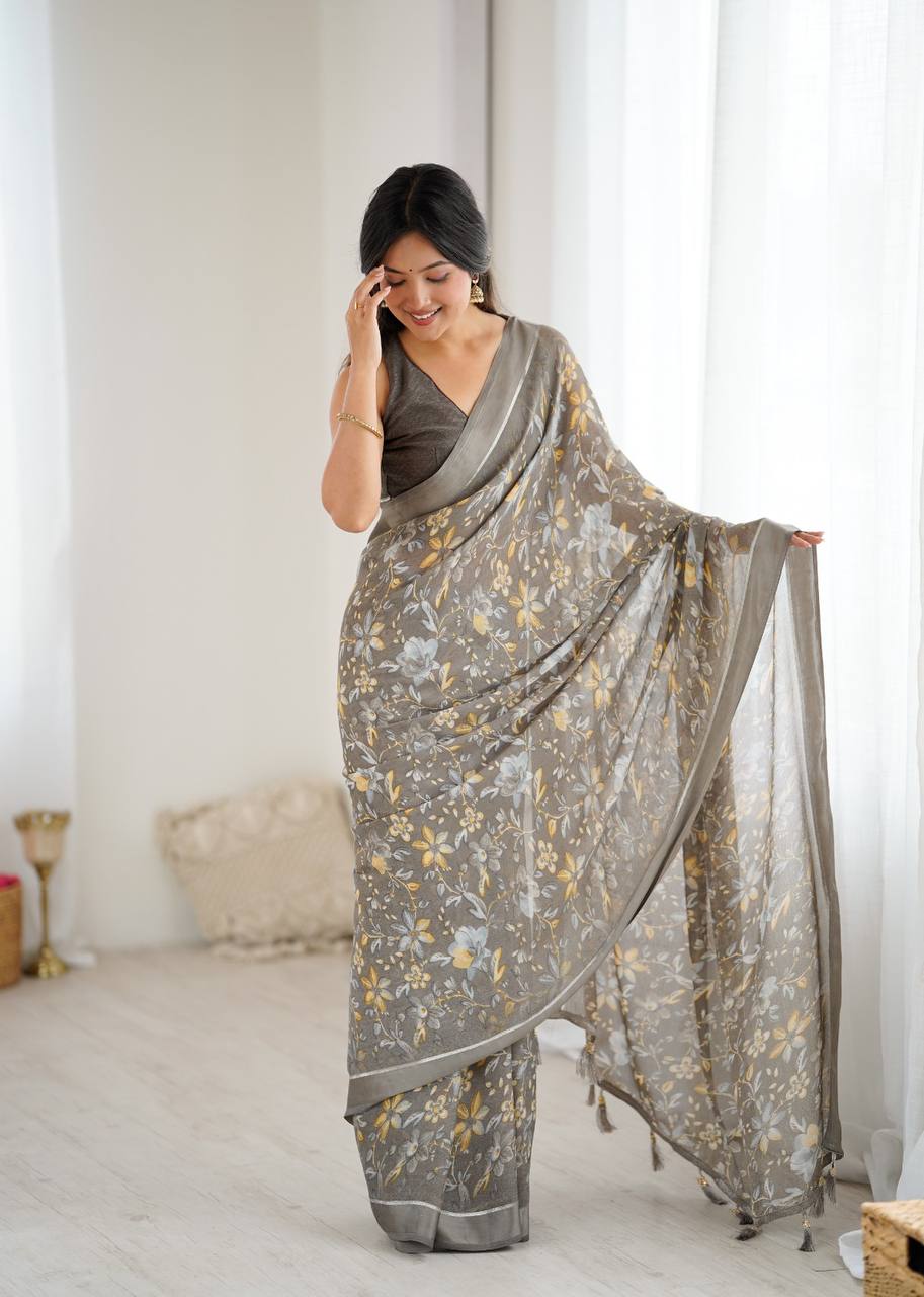 Bright Moss Satin Patta Printed Saree