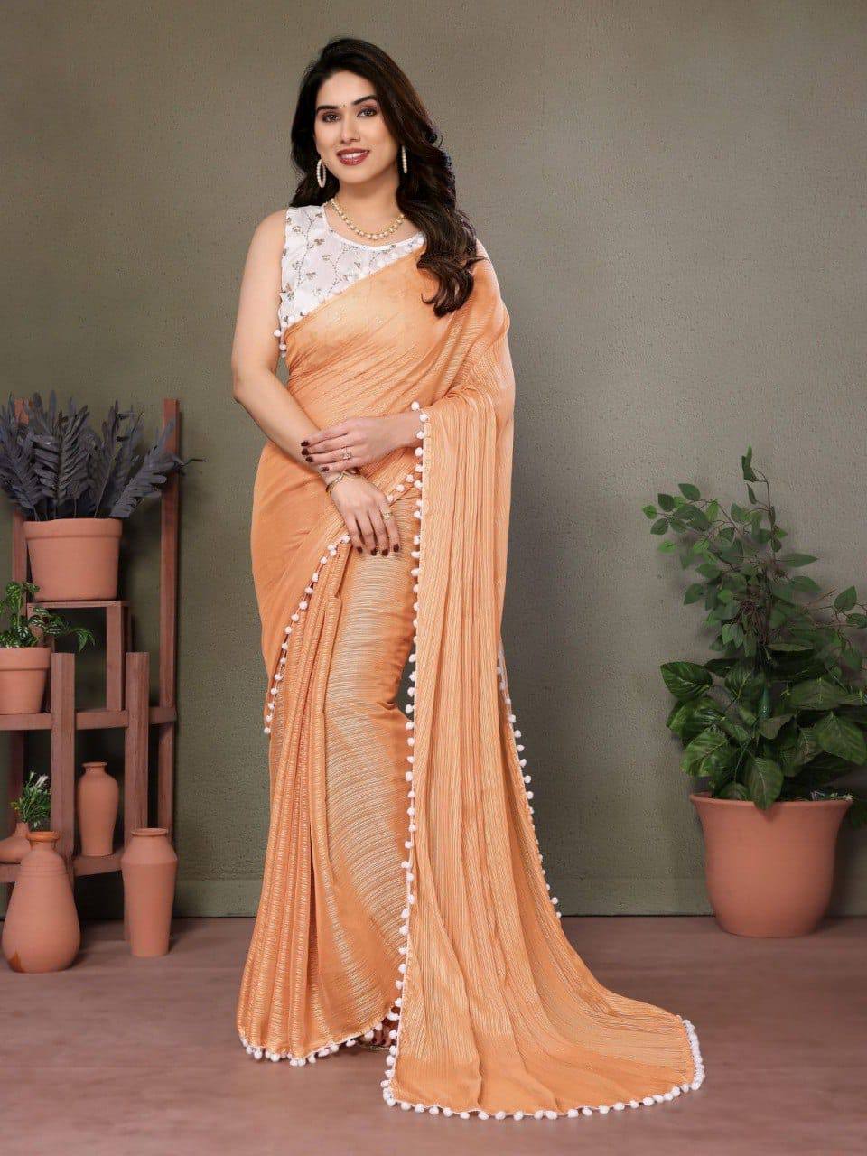 Polyester Zari Plain Saree with Embroidered Blouse & Pum Pum Lace