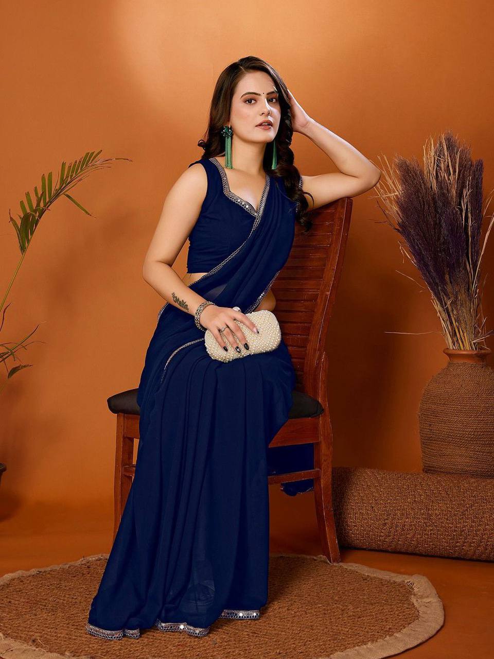 Pakhi Solid Georgette Silk Saree with Mirror Border Lace