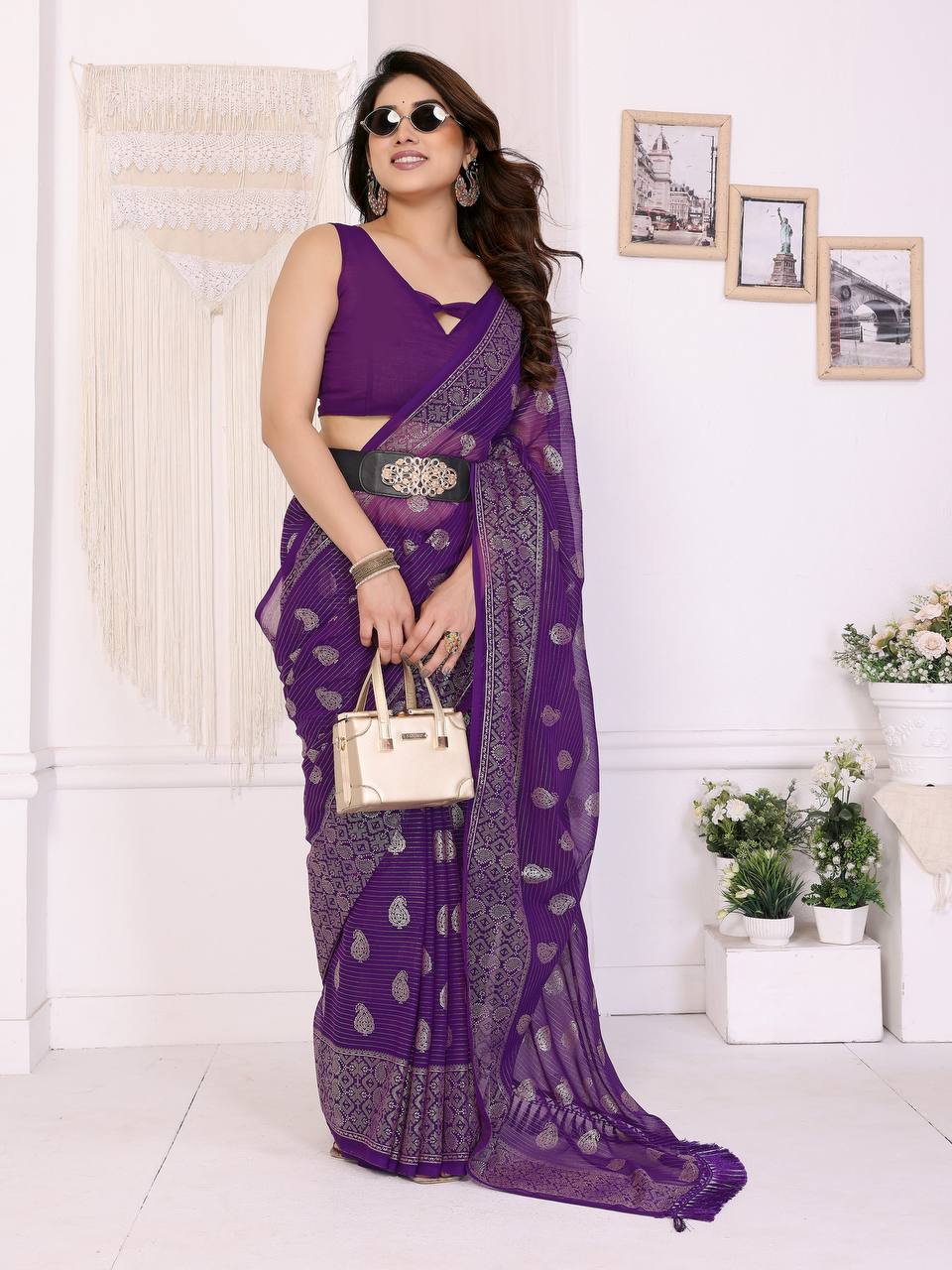 Plain Georgette Silk Saree with Foil & Lace Work