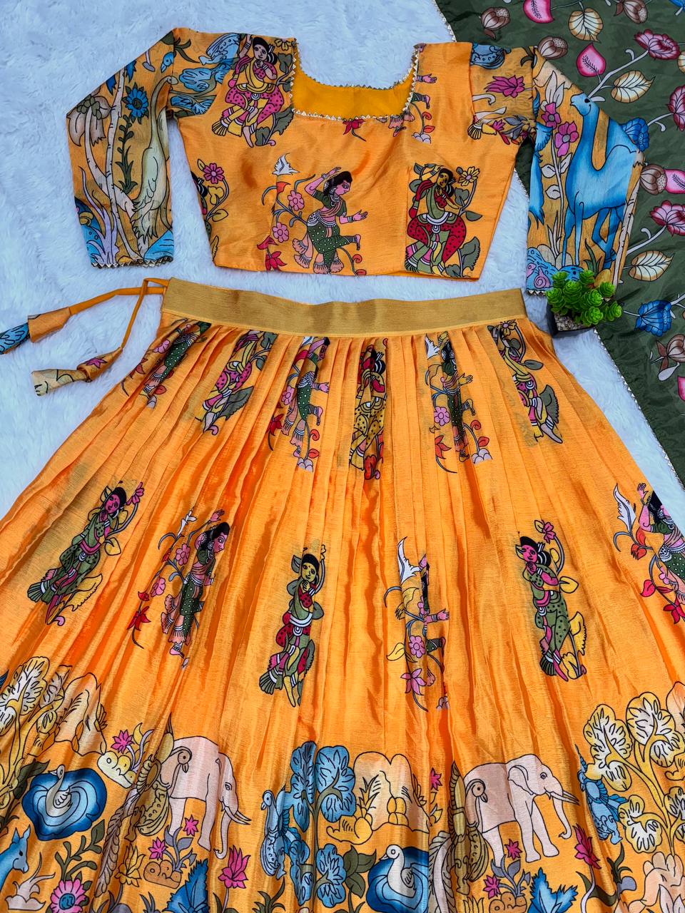 Chinon Kalamkari Print Designer Lehenga Choli with Lace Border Dupatta