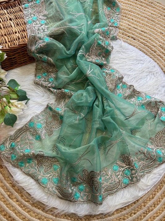 Pure Tissue Silk in solid color Saree With Embroidery viscose thread work with zarkhan