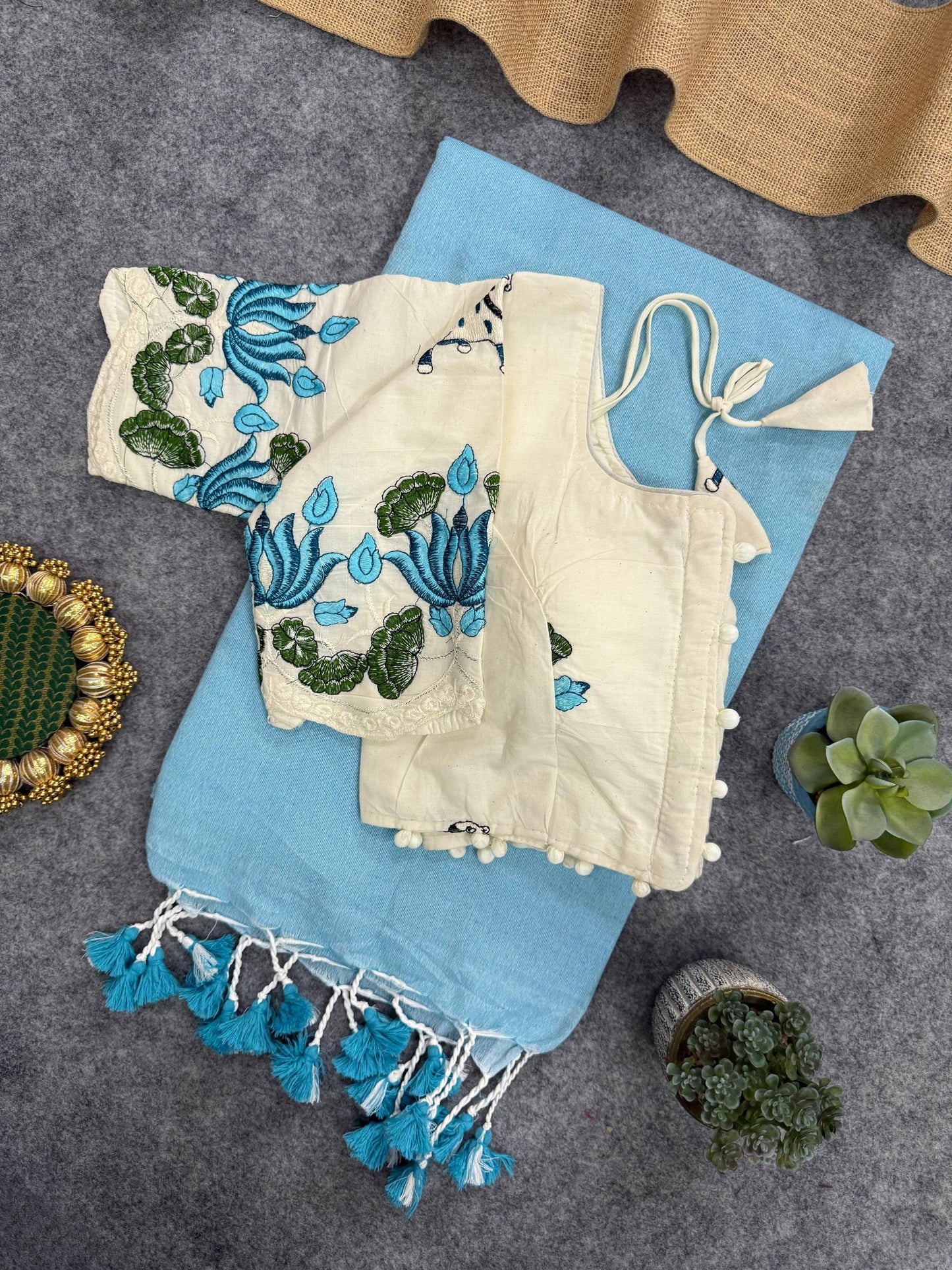 Khadi Cotton Heavy Embroidery with Aura Cotton With Designer Embroidery Blouse