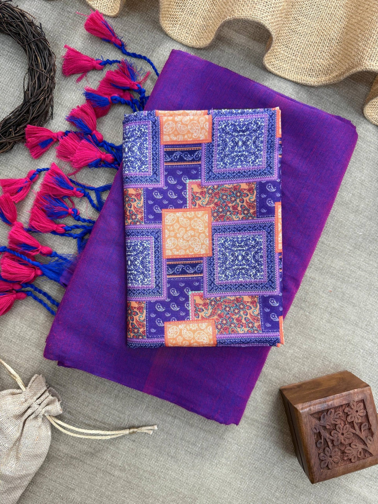 Khadi Cotton Saree With Tassels And Printed Blouse