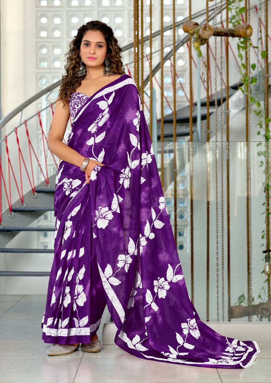 Floral Hand Print Mulmul Cotton Sarees