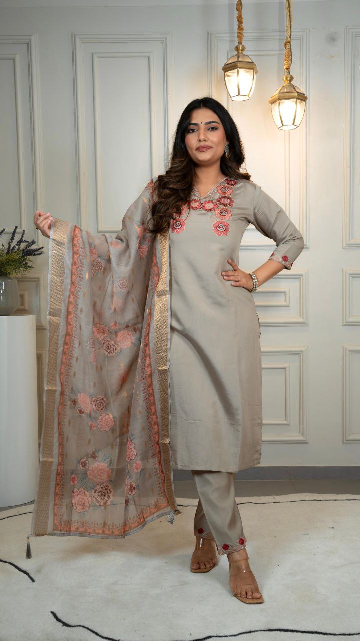 Premium Roman Silk Suit With Digital Print With Latkan Dupatta