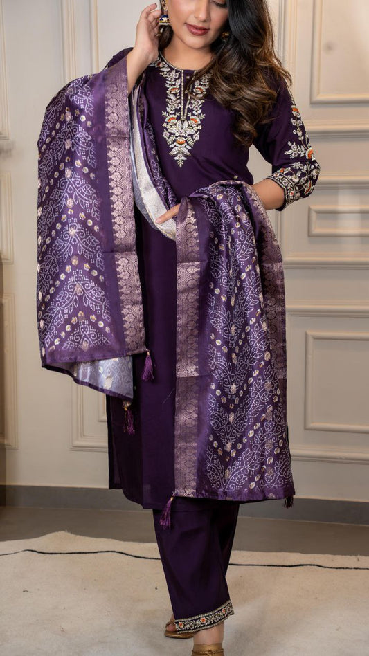 Roman Silk Multicolor Embroidery Work Suit
